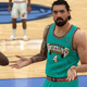 Steven Adams hold up his hands in disbelief at a ref's call.